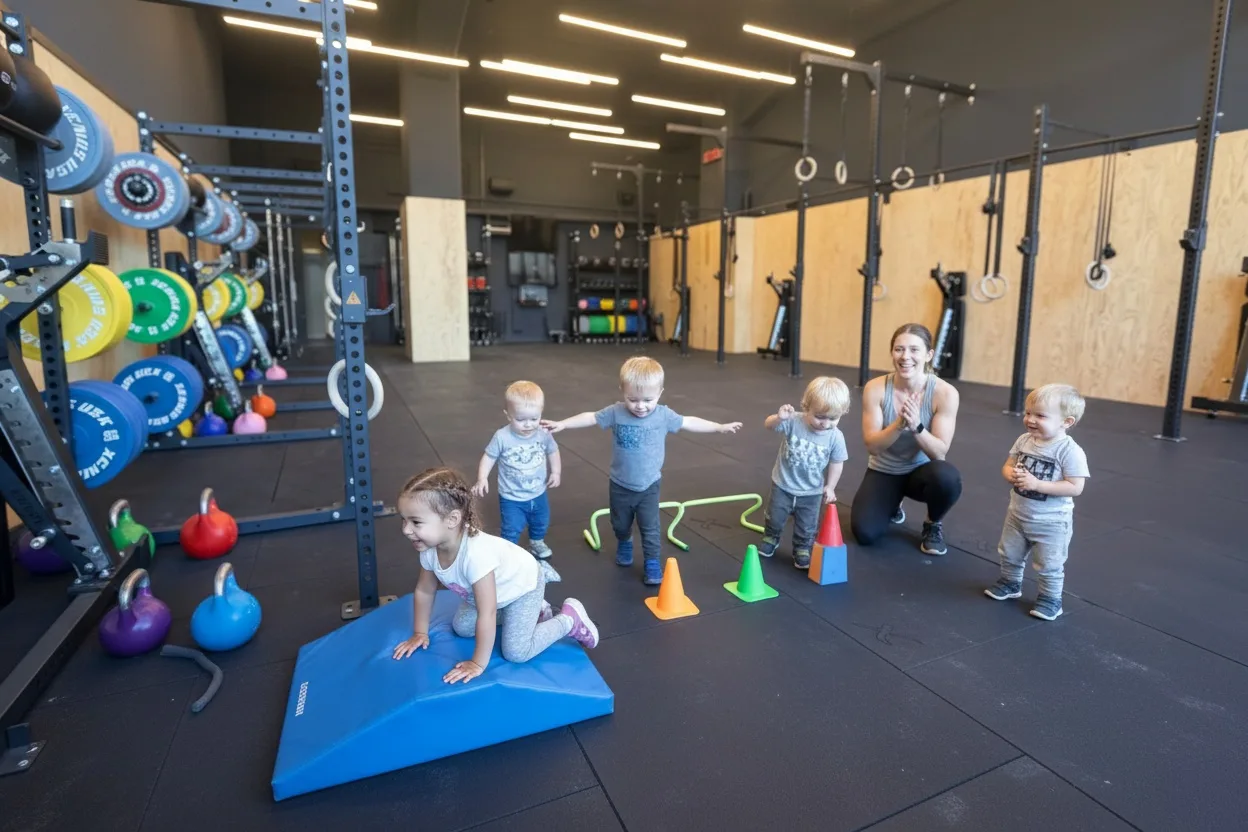 Fünf kleine Kinder bewegen sich über Hütchen, eine kleine Hürde und eine blaue Weichbodenmatte in einer Trainingshalle mit Rig, Hantelscheiben und Kettlebells; eine Erwachsene kniet daneben und klatscht