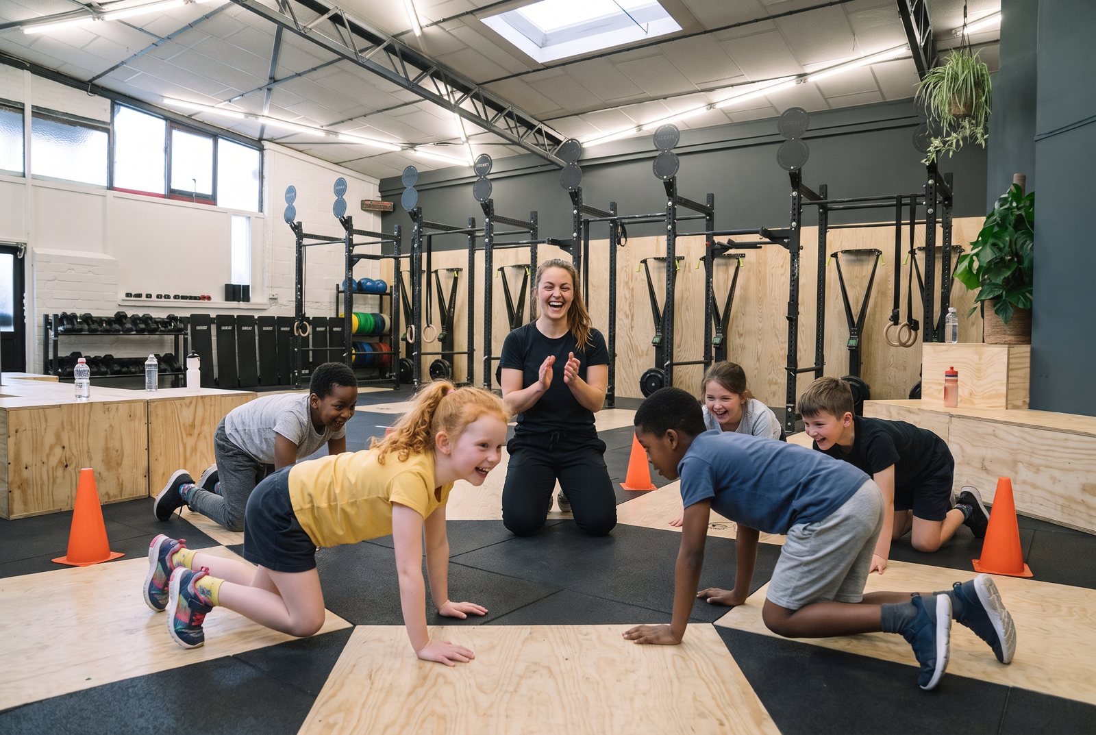 CrossFit Kids in Berlin-Schöneberg: Kinder im Bärengang im Kreis, eine Erwachsene kniet klatschend in der Mitte