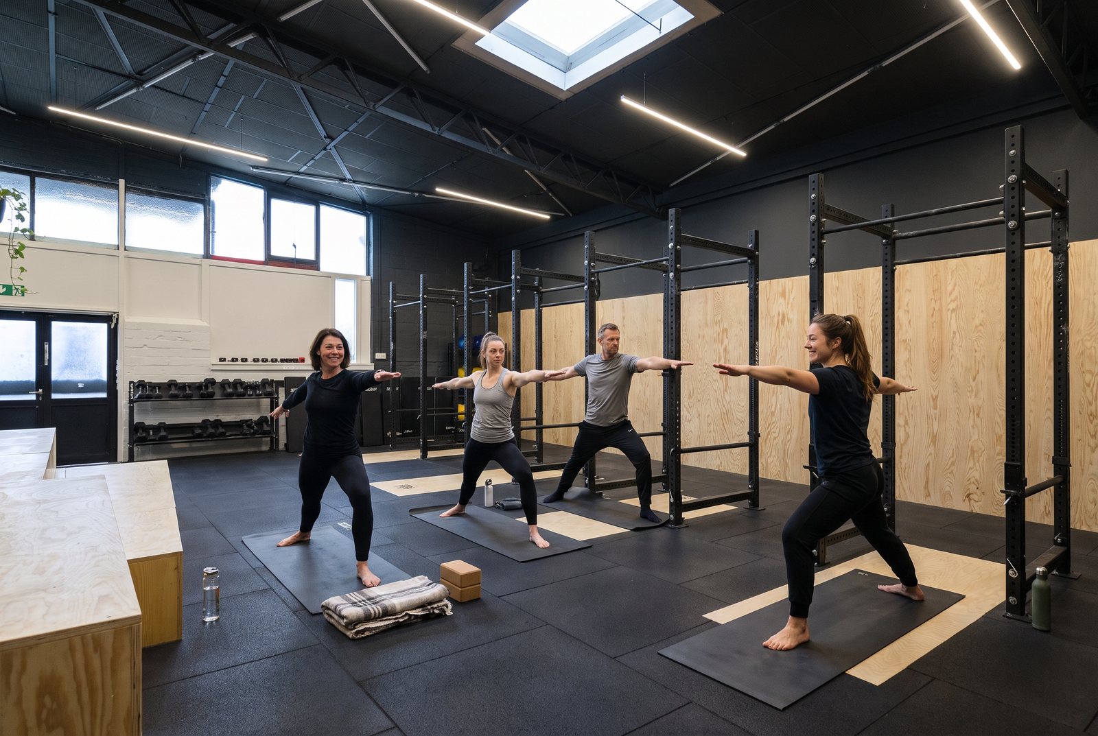 Yoga in Berlin-Schöneberg: kleine Klasse im Krieger II auf Matten in der Halle von CrossFit Icke, die Lehrerin zeigt die Haltung vorn